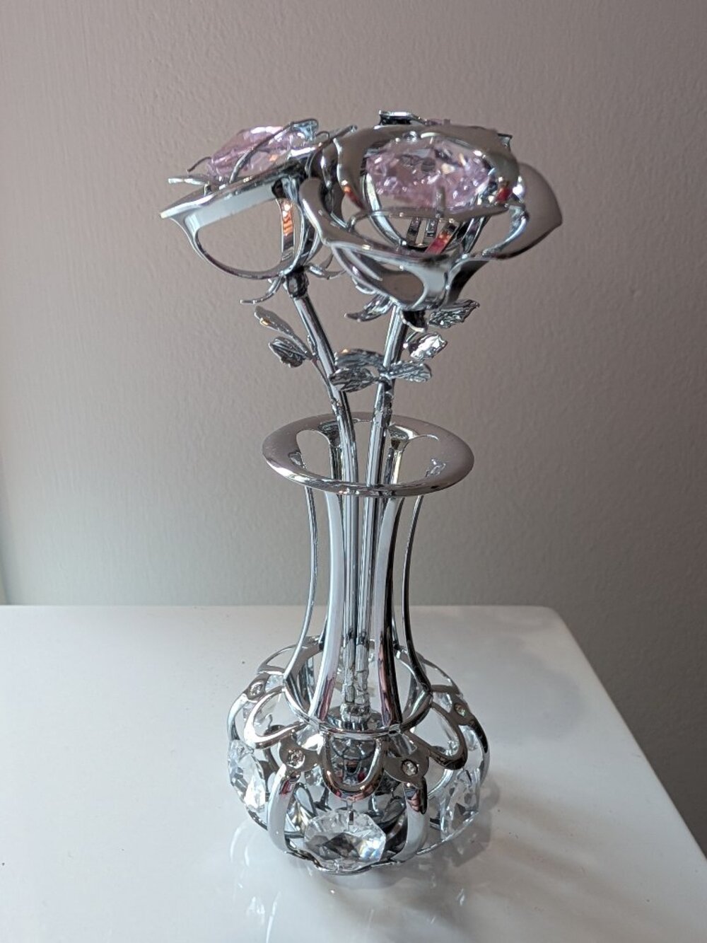 Matashi Chrome Plated Silver Flowers Bouquet and Vase w/Pink & Clear Crystals |